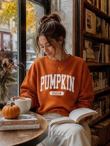 IslaSuriya Regular Fit Crew Neck Letter Print Drop Shoulder Long Sleeve Sweatshirt - Orange - View 3