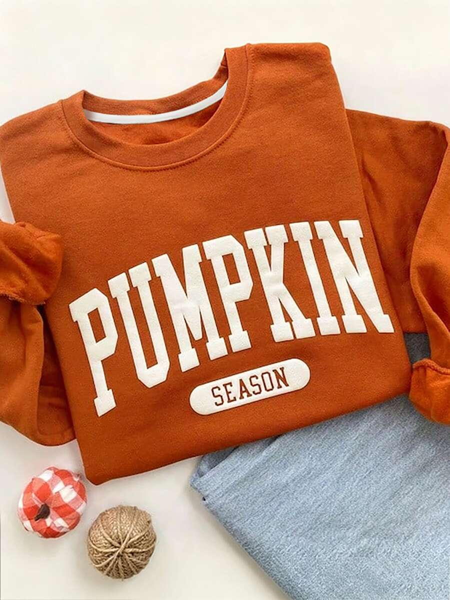 IslaSuriya Regular Fit Crew Neck Letter Print Drop Shoulder Long Sleeve Sweatshirt - Orange - View 1
