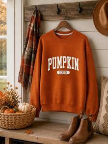 IslaSuriya Regular Fit Crew Neck Letter Print Drop Shoulder Long Sleeve Sweatshirt - Orange - View 4