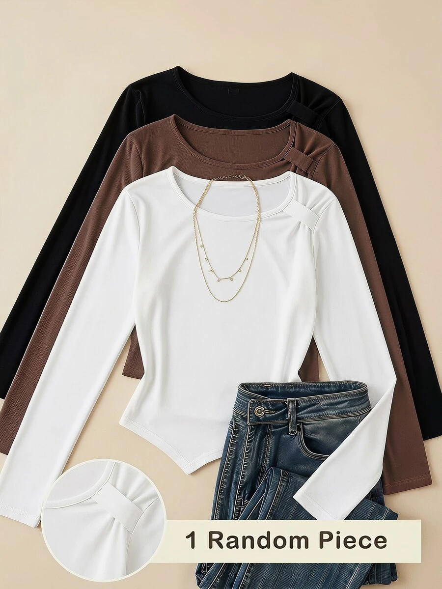 SHEIN Sparklyn ملابس علوية خريفية للفتيات المراهقات بتصميم بسيط متعدد الاستخدامات باللون الأبيض، ضيقة بأكمام طويلة وياقة غير متماثلة مع تفاصيل مجعدة ومجمعة، تي شيرت كاجوال عملي