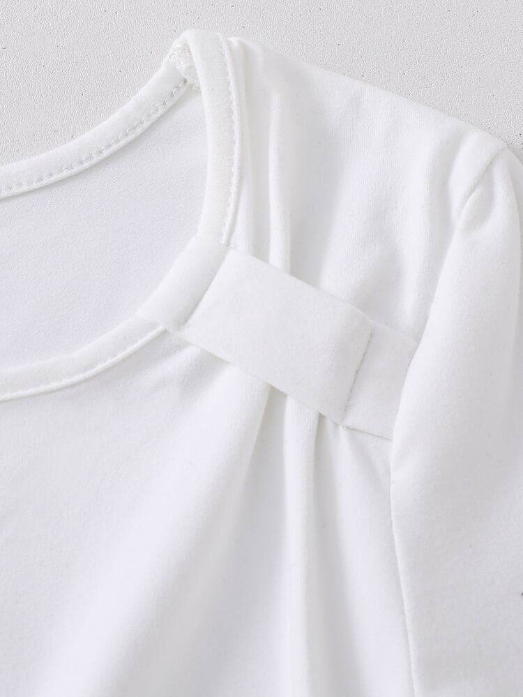 SHEIN Sparklyn Tween Girls Fall Tops Minimalist All-Match White Fitted Long Sleeve Asymmetric Neckline Ruched Gathered Versatile Casual Top T-Shirt - White - View 3