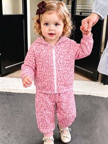 2pcs/Set Baby Girls Pink Leopard Print Zip-Up Hoodie & Sweatpants Set, Cute Baby Animal Pattern Sportswear - Multicolor - View 3