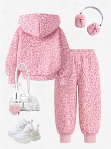 2pcs/Set Baby Girls Pink Leopard Print Zip-Up Hoodie & Sweatpants Set, Cute Baby Animal Pattern Sportswear - Multicolor - View 2