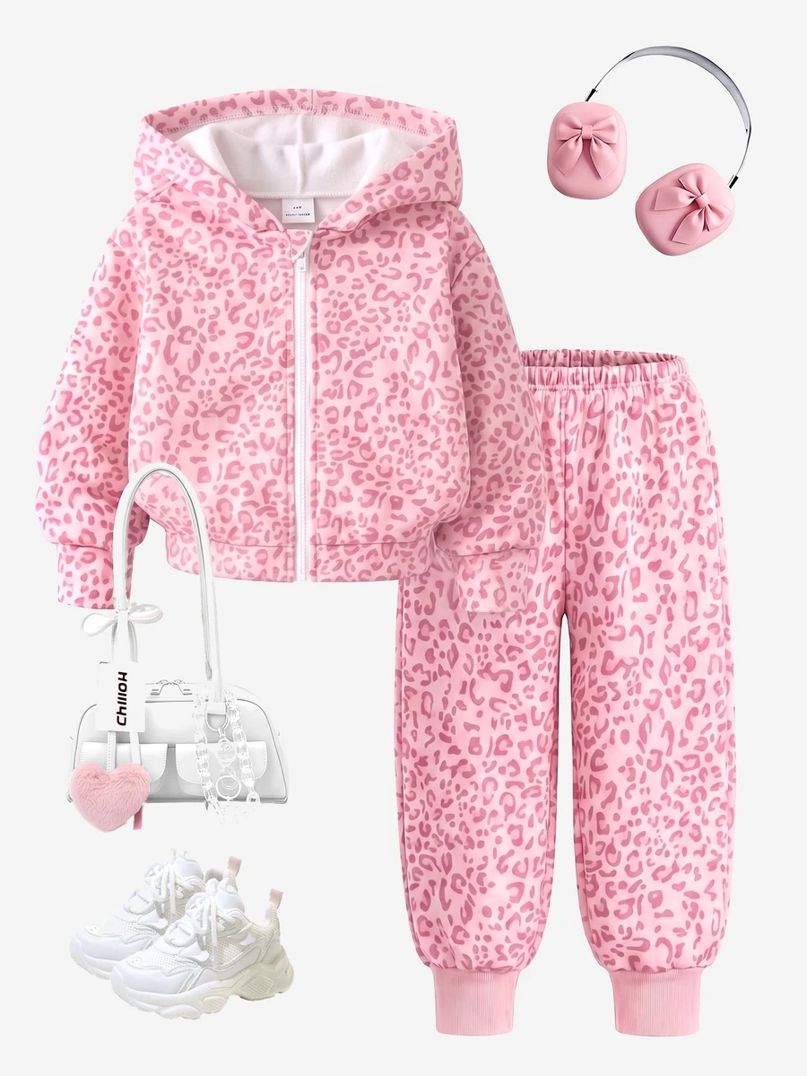 2pcs/Set Baby Girls Pink Leopard Print Zip-Up Hoodie & Sweatpants Set, Cute Baby Animal Pattern Sportswear - Multicolor - View 1