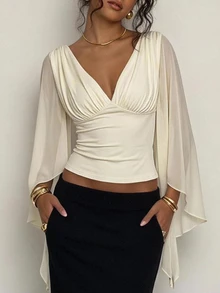 SHEIN PETITE Women's Solid Color V-Neck Pleated Sexy Bell Sleeve Blouse - Beige - View 7