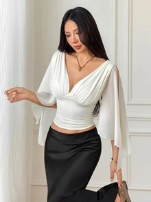 SHEIN PETITE Women's Solid Color V-Neck Pleated Sexy Bell Sleeve Blouse - Beige - View 10