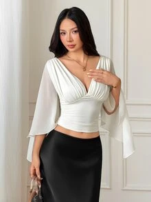SHEIN PETITE Women's Solid Color V-Neck Pleated Sexy Bell Sleeve Blouse - Beige - View 8