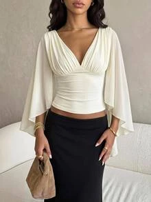 SHEIN PETITE Women's Solid Color V-Neck Pleated Sexy Bell Sleeve Blouse - Beige - View 6