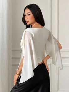 SHEIN PETITE Women's Solid Color V-Neck Pleated Sexy Bell Sleeve Blouse - Beige - View 2