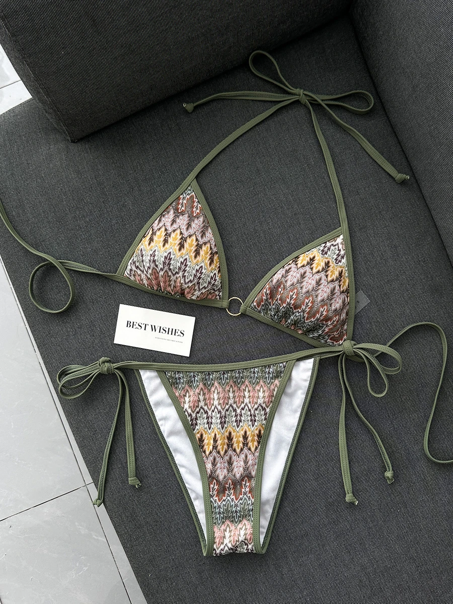 SHEIN Swim Mod طقم بيكيني نسائي مثير من قماش الجاكار بتصميم حمالة الرقبة مناسب للشاطئ والعطلات والحفلات - أخضر عسكري - مشاهدة 1