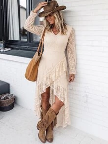 Breezaya Women's V-Neck Asymmetrical Lace Ruffle A-Line Dress, Music Festival, Date, Daily Wear - Apricot - View 5