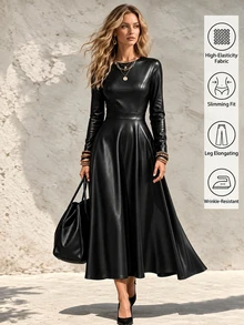SHEIN Women's Spring/Autumn Casual Elegant PU Fitted Dress With Pockets And Long Sleeves - Black - View 7