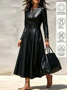 SHEIN Women's Spring/Autumn Casual Elegant PU Fitted Dress With Pockets And Long Sleeves - Black - View 4