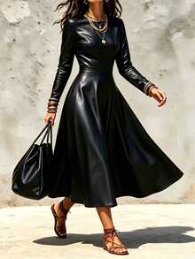 SHEIN Women's Spring/Autumn Casual Elegant PU Fitted Dress With Pockets And Long Sleeves - Black - View 3