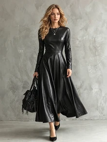 SHEIN Women's Spring/Autumn Casual Elegant PU Fitted Dress With Pockets And Long Sleeves - Black - View 1