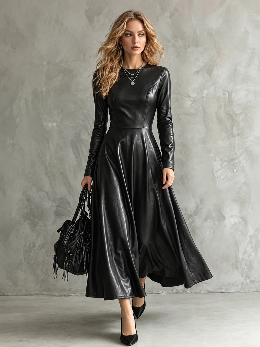 SHEIN Women's Spring/Autumn Casual Elegant PU Fitted Dress With Pockets And Long Sleeves - Black - View 1