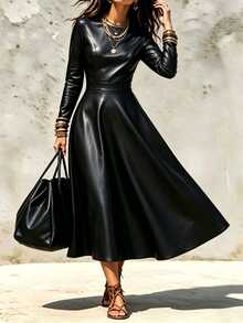 SHEIN Women's Spring/Autumn Casual Elegant PU Fitted Dress With Pockets And Long Sleeves - Black - View 5