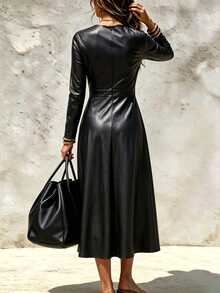 SHEIN Women's Spring/Autumn Casual Elegant PU Fitted Dress With Pockets And Long Sleeves - Black - View 2