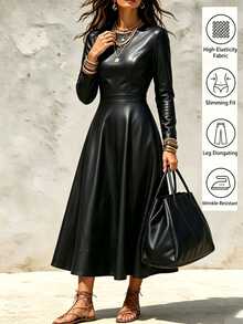 SHEIN Women's Spring/Autumn Casual Elegant PU Fitted Dress With Pockets And Long Sleeves - Black - View 6