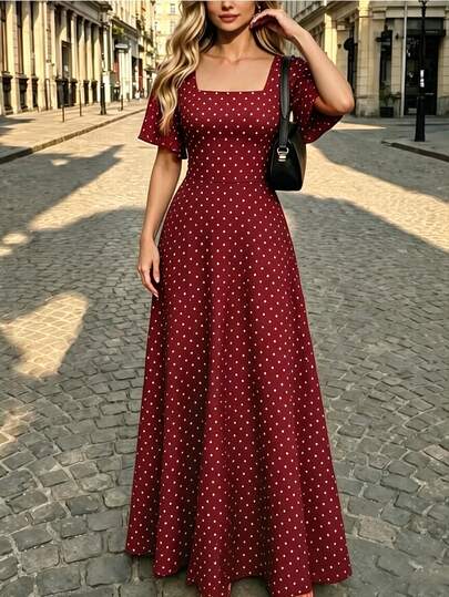valorelle valorelle Red Polka Dot Square Neck Short Sleeve Ruffle Hem Tie Waist Elegant Summer Dress,White Polka Dot,Autumn,Tea Party Vintage Casual Vacation A-Line Dress