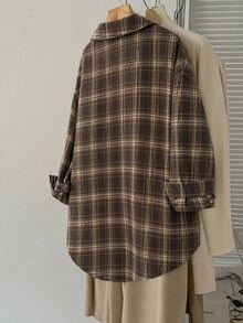 SHEIN Clasi 女款格子休閒復古 70 年代百搭日常穿著襯衫，適合辦公室、日常、學校、早午餐穿搭，感恩節、新年、80 年代上衣，棕色秋季款 - 卡其色 - 查看 2