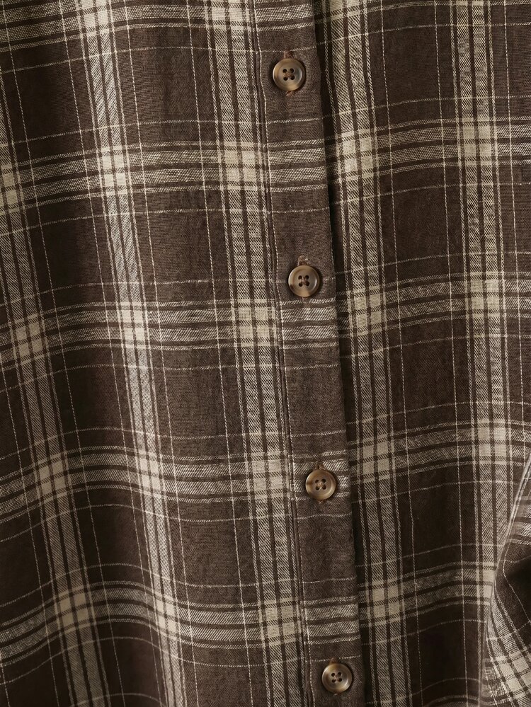 SHEIN Clasi Women's Plaid Casual Retro Vintage 70s Versatile Daily Wear Shirt Office Everyday School Brunch Outfits Thanksgiving New Year 80s Top Brown Autumn - Khaki - View 6