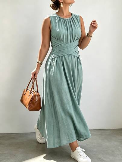 SHEIN LUNE CURVE 大尺碼素色圓領裹身休閒度假鄉村海灘假期無袖洋裝
