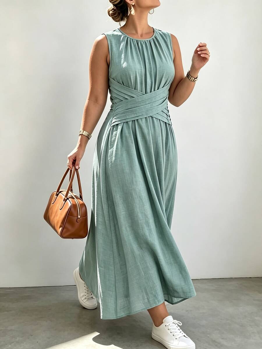 SHEIN LUNE CURVE Plus Size Solid Color Round Neck Wrap Casual Vacation Countryside Beach Holiday Sleeveless Dress - Mint Blue - View 1