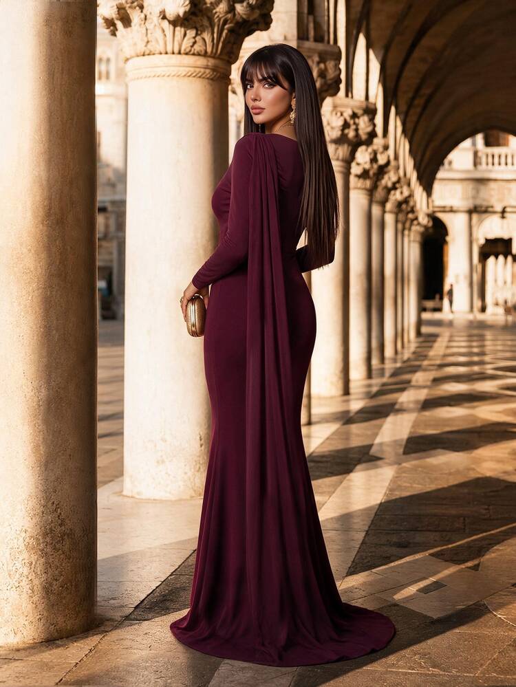 Auveirra Plus Size Women Solid Color Pleated Elegant Waist-Cinching Party Evening Formal Dress Wedding Burgundy Autumn Fall - Brown - View 5