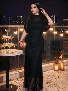 Auveirra 大尺碼女款優雅精緻浪漫時尚情人節約會派對婚禮賓客度假透視網紗二合一超長版長洋裝 黑色 - 黑色 - 查看 5