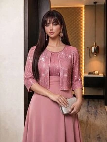 Auveirra Plus Size Women's Sequin Short Sleeve Open Front Jacket And Dress Elegant Two Pieces Set Summer - Coral Pink - View 5