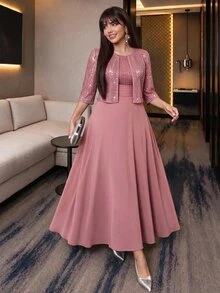 Auveirra Plus Size Women's Sequin Short Sleeve Open Front Jacket And Dress Elegant Two Pieces Set Summer - Coral Pink - View 7