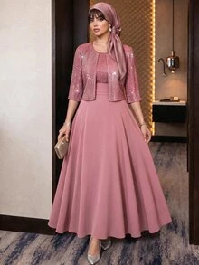 Auveirra Plus Size Women's Sequin Short Sleeve Open Front Jacket And Dress Elegant Two Pieces Set Summer - Coral Pink - View 4