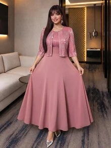 Auveirra Plus Size Women's Sequin Short Sleeve Open Front Jacket And Dress Elegant Two Pieces Set Summer - Coral Pink - View 10