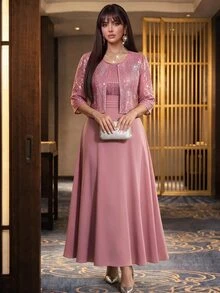 Auveirra Plus Size Women's Sequin Short Sleeve Open Front Jacket And Dress Elegant Two Pieces Set Summer - Coral Pink - View 9