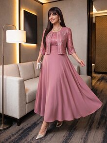 Auveirra Plus Size Women's Sequin Short Sleeve Open Front Jacket And Dress Elegant Two Pieces Set Summer - Coral Pink - View 8