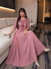 Auveirra Plus Size Women's Sequin Short Sleeve Open Front Jacket And Dress Elegant Two Pieces Set Summer - Coral Pink - View 1