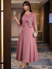 Auveirra Plus Size Women's Sequin Short Sleeve Open Front Jacket And Dress Elegant Two Pieces Set Summer - Coral Pink - View 6