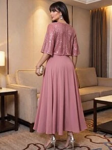 Auveirra Plus Size Women's Sequin Short Sleeve Open Front Jacket And Dress Elegant Two Pieces Set Summer - Coral Pink - View 2