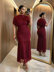 Auveirra Plus Size Women's Elegant Delicate Romantic Fashion Valentine's Day Date Night Wedding Guest Holiday Sheer Mesh 2 In 1 Extra Long Maxi Dress Summer - Red Violet - View 4