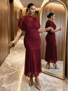 Auveirra Plus Size Women's Elegant Delicate Romantic Fashion Valentine's Day Date Night Wedding Guest Holiday Sheer Mesh 2 In 1 Extra Long Maxi Dress Summer - Red Violet - View 5