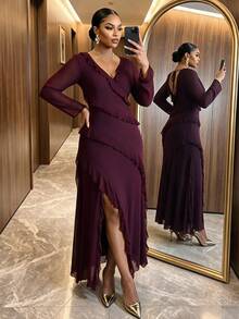 SHEIN Lady CURVE Gaun Pesta Pernikahan Elegan Musim Gugur Lengan Panjang Ukuran Plus Warna Burgundy, Gaun Malam Formal Berenda untuk Hari Valentine untuk Wanita di Musim Gugur - Purple - View 3