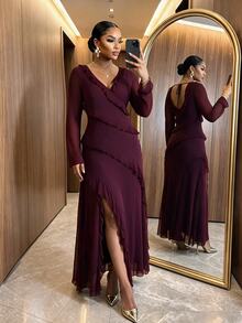 SHEIN Lady CURVE Gaun Pesta Pernikahan Elegan Musim Gugur Lengan Panjang Ukuran Plus Warna Burgundy, Gaun Malam Formal Berenda untuk Hari Valentine untuk Wanita di Musim Gugur - Purple - View 1