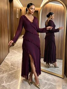 SHEIN Lady CURVE Gaun Pesta Pernikahan Elegan Musim Gugur Lengan Panjang Ukuran Plus Warna Burgundy, Gaun Malam Formal Berenda untuk Hari Valentine untuk Wanita di Musim Gugur - Purple - View 6