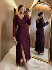 SHEIN Lady CURVE Gaun Pesta Pernikahan Elegan Musim Gugur Lengan Panjang Ukuran Plus Warna Burgundy, Gaun Malam Formal Berenda untuk Hari Valentine untuk Wanita di Musim Gugur - Purple - View 4