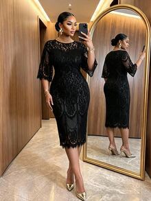 SHEIN Lady فستان أنيق من الدانتيل الأسود للحفلات للمقاسات الكبيرة، مناسب للربيع والصيف والخريف والشتاء - الأسود - مشاهدة 1