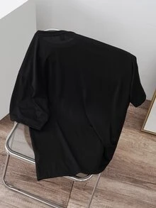 OldRiff 男士简约印花圆领短袖针织T恤 - 黑色 - 查看 4