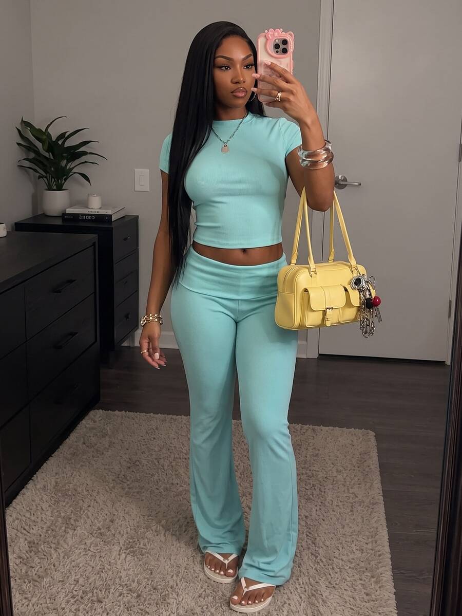 SHEIN BAE Blue Pure Cotton Basic Trouser Set / Vacation Set / Casual Set/College Outfit/Fluid Pants And Top Set/Teal Blue/Light Blue/Tracksuit/Aqua Green Set