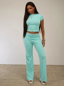 SHEIN BAE Blue Pure Cotton Basic Trouser Set / Vacation Set / Casual Set/College Outfit/Fluid Pants And Top Set/Teal Blue/Light Blue/Tracksuit/Aqua Green Set - Mint Green - View 6