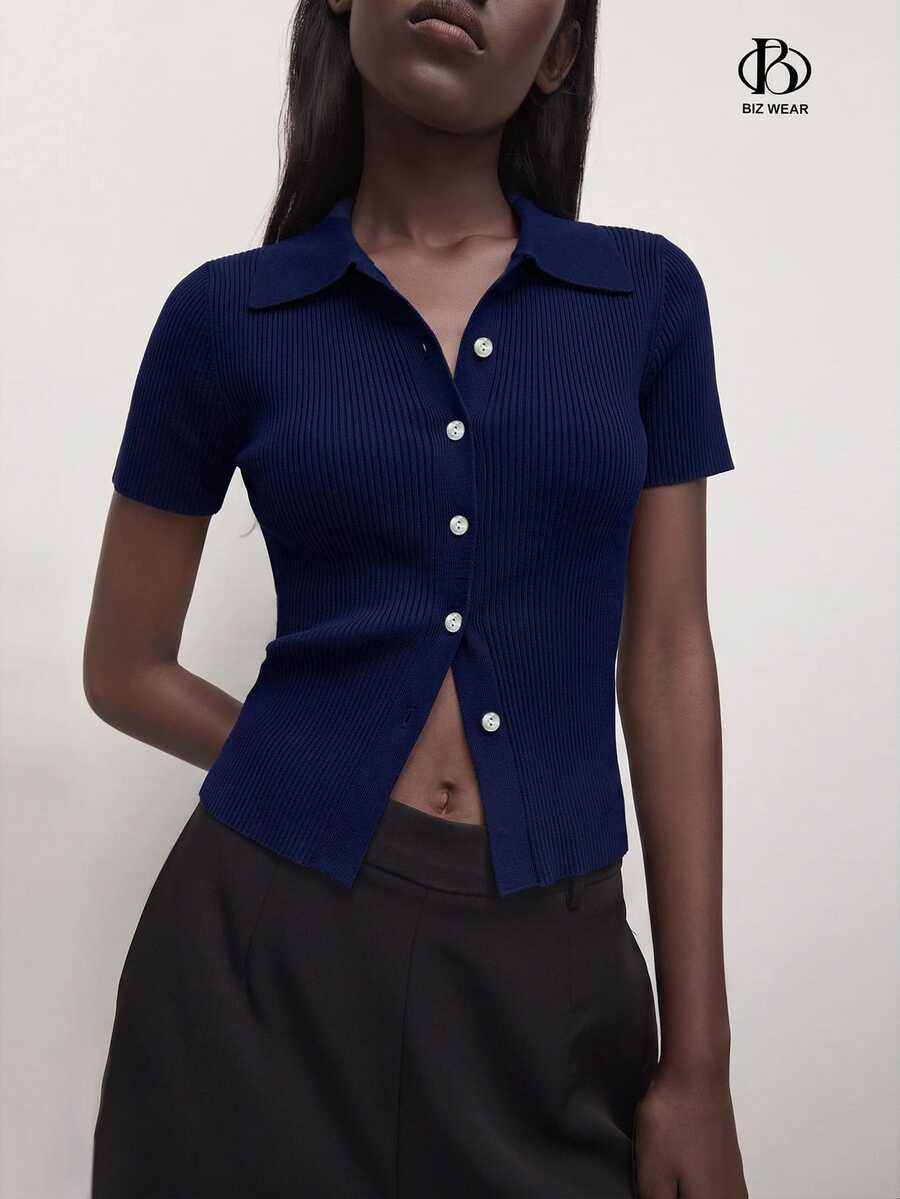 BizChic 女款深藍色鈕扣針織毛衣，翻領設計，都市通勤商務休閒，法式基礎風格上衣，適合辦公室、萬聖節、開學季、教堂、特殊場合、生日、婚禮賓客、派對、約會、度假，優雅秋冬極簡風 - 藏蓝色 - 查看 1